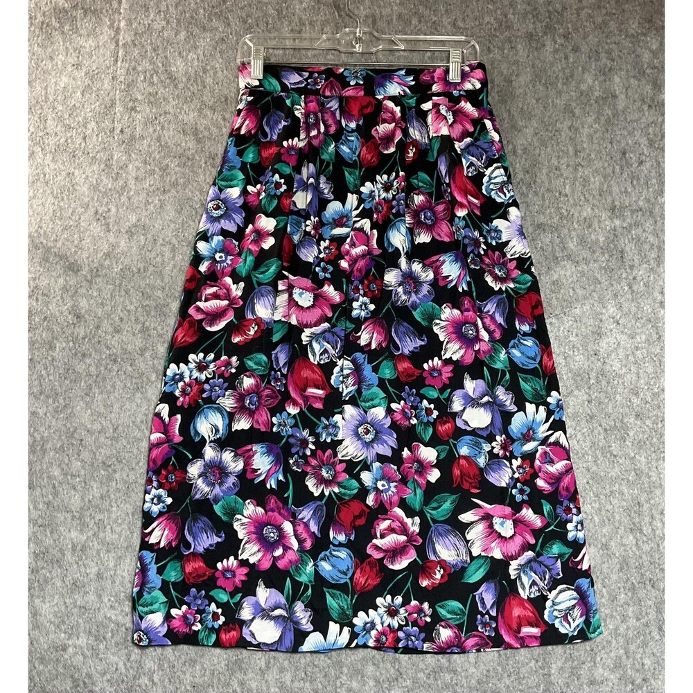 Vintage Norton McNaughton Skirt Womens 6 Black Floral Midi Pockets Cottage USA
